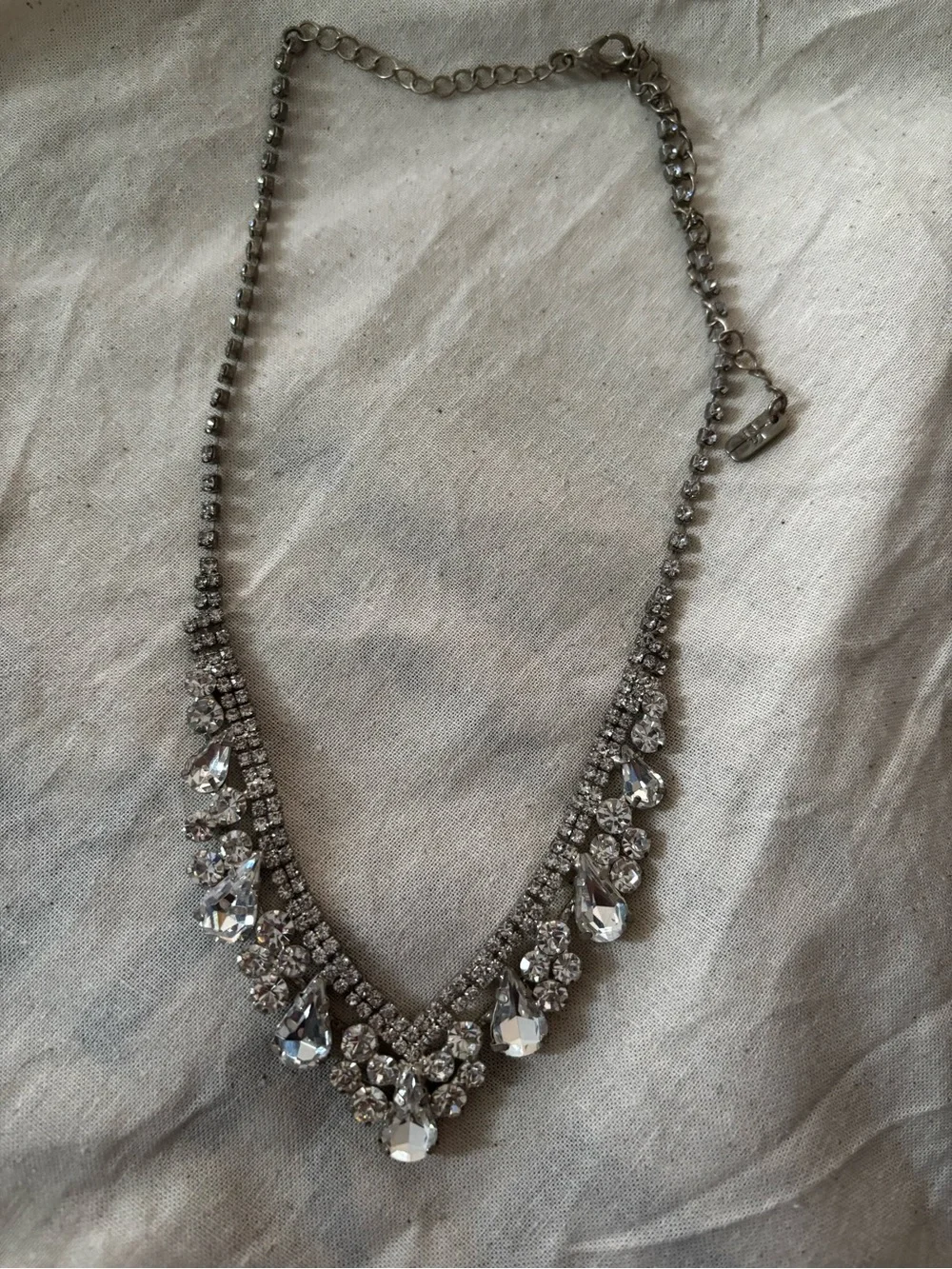 Silver Tone Rhinestone Statement Bib Necklace Crystal Teardrop Adjustable